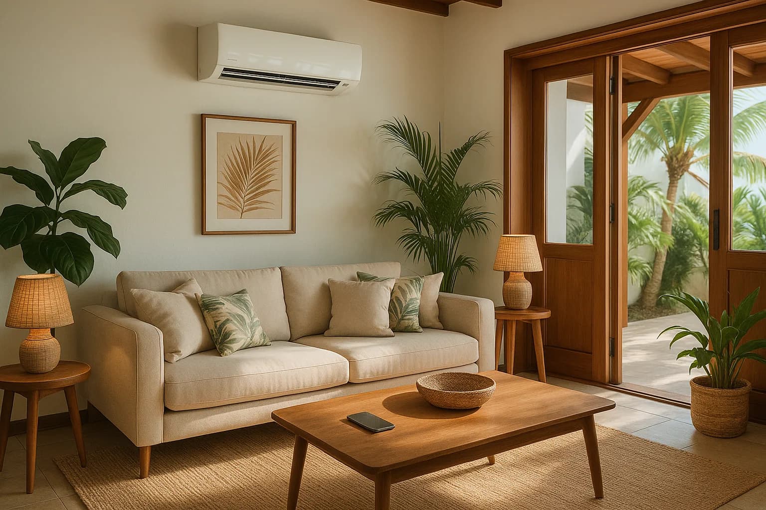 Salon élégant climatisé en Martinique avec climatiseur de la gamme Éko+