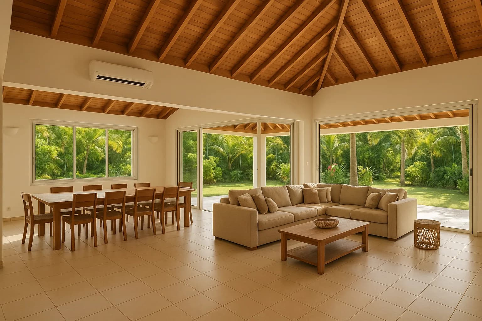 Grand salon ouvert climatisé en Martinique avec climatiseur grande puissance