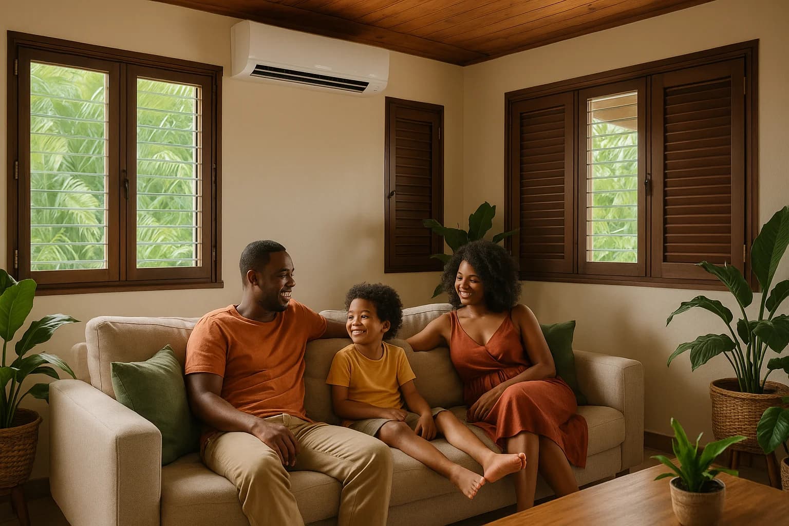 Famille détendue dans un salon créole climatisé en Martinique