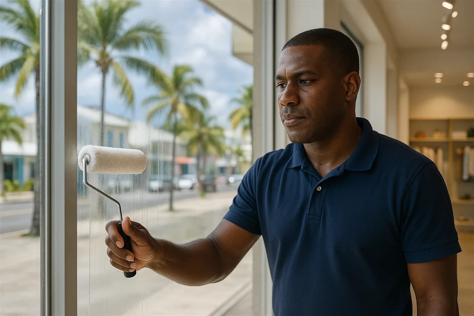 Applicateur posant le vernis anti-chaleur au rouleau sur la vitrine d'un commerce en Martinique