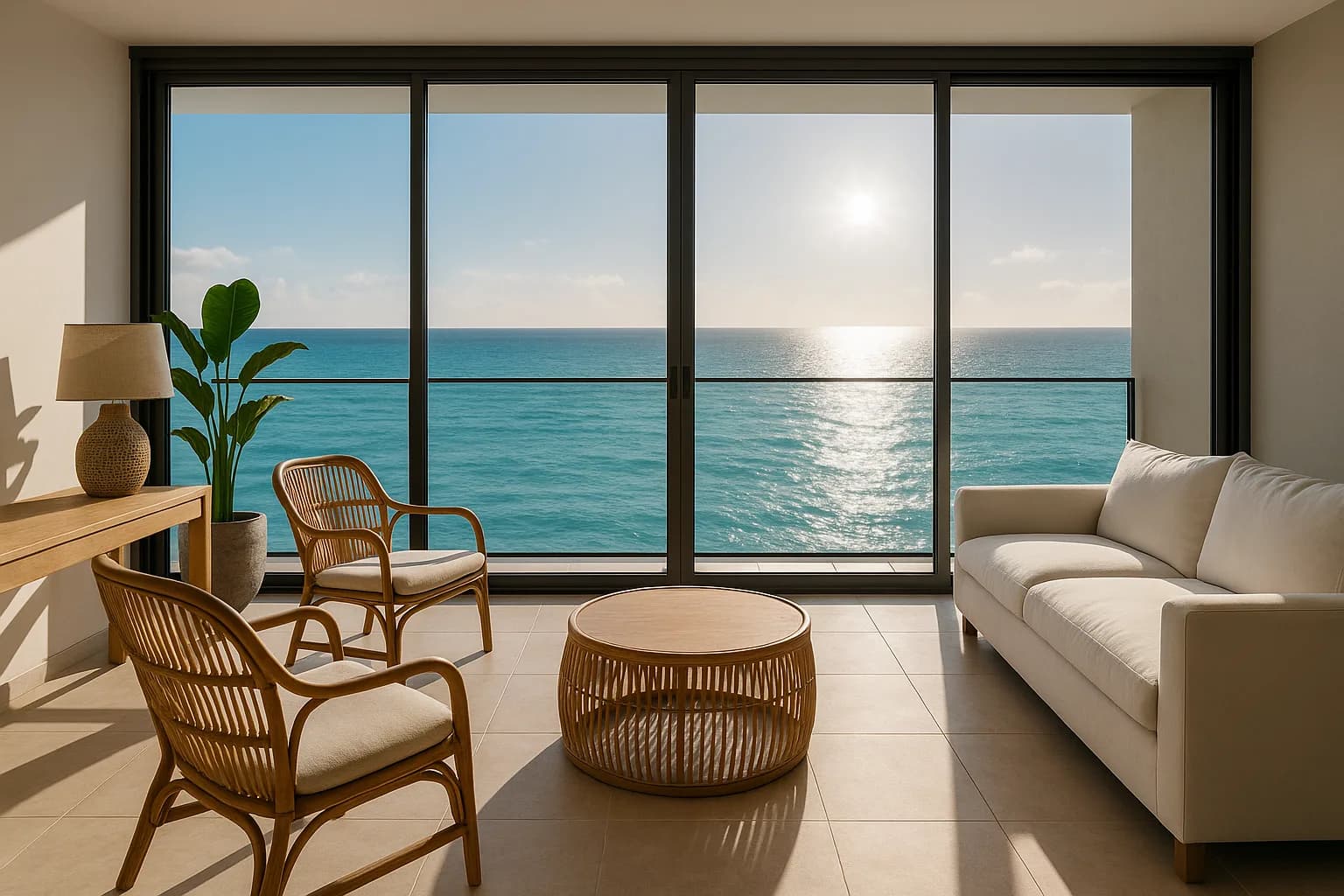 Salon d'un appartement face à la mer en Martinique, baies vitrées fermées protégées par le vernis anti-chaleur