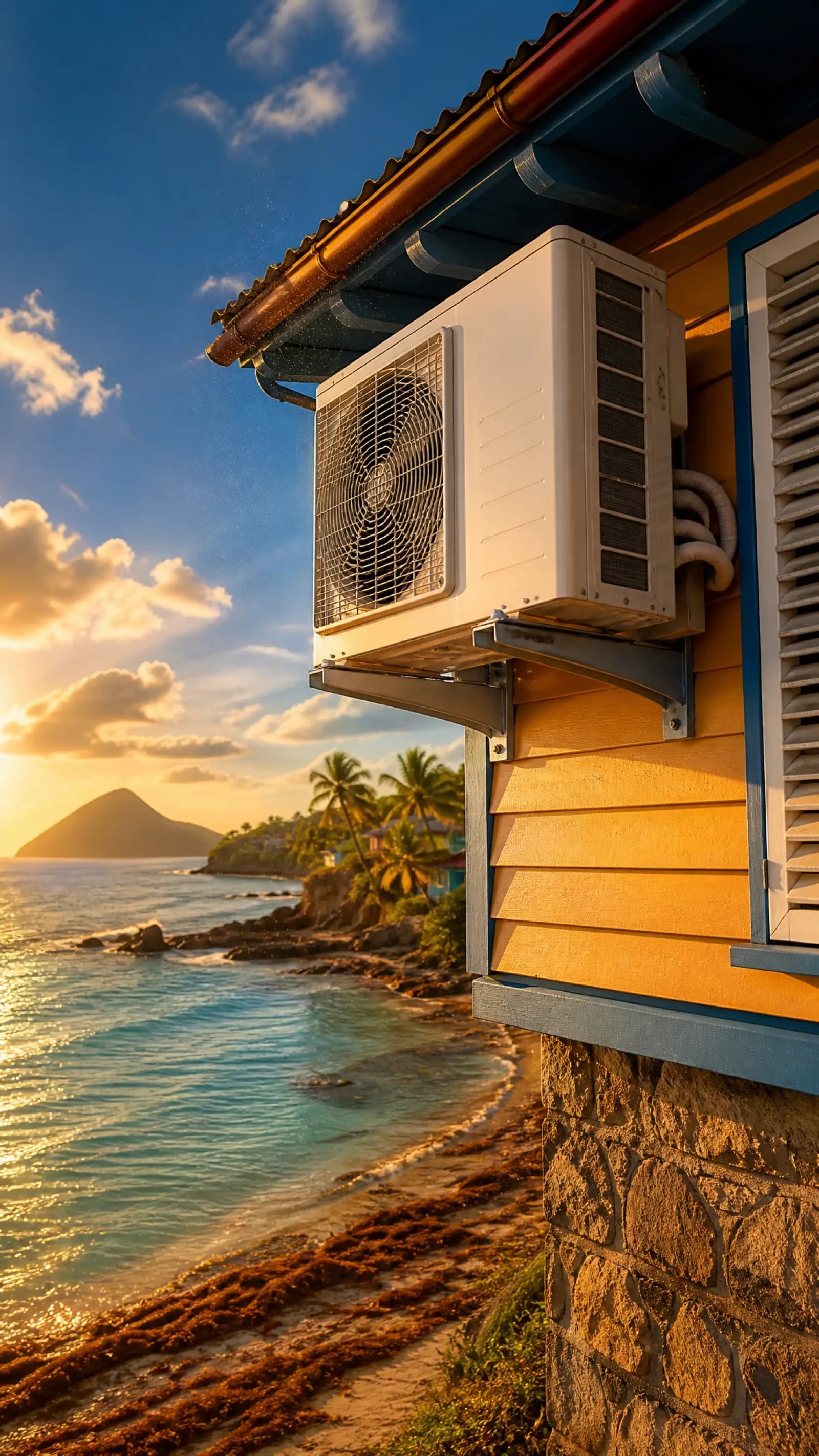Unité extérieure de climatisation exposée à l'air marin et aux sargasses en bord de mer en Martinique