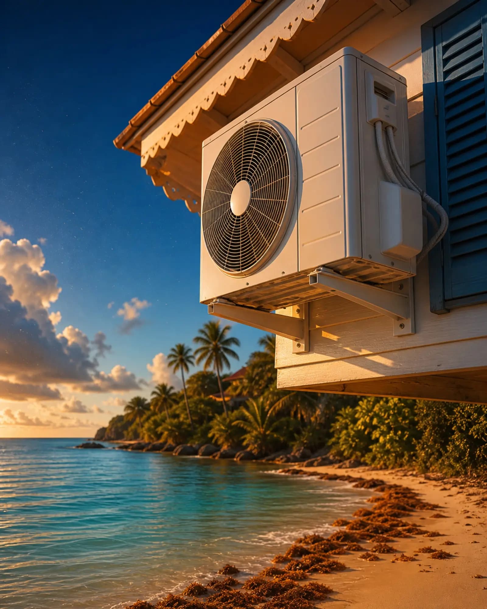 Climatiseur exposé au sel et à l'air marin sur une façade en Martinique
